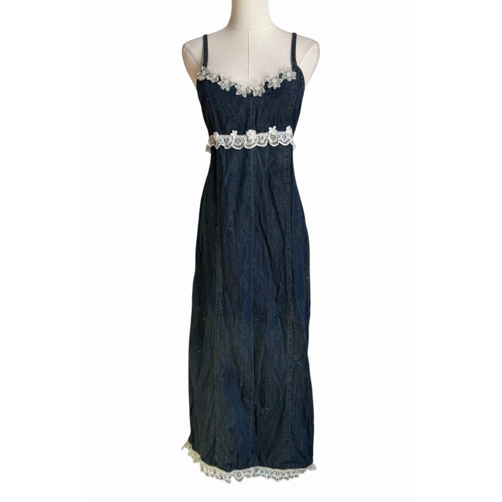 RARE Old Navy Embellished Denim Dress Size 10 Reworked White Floral‎ Lace Trim - Picture 3 of 11